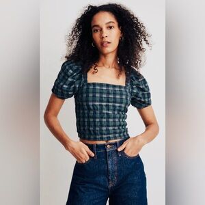 NWOT! Madewell Puff Sleeve Top in Plaid, Size Small 💚💙